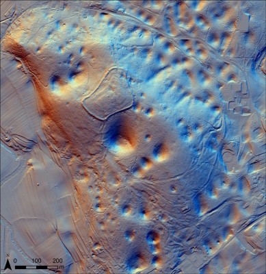 Figure 6. Lidar imagery from the surroundings of the Cvinger hillfort, near Dolenjske Toplice, showing a range of hollow-ways to the south of the settlement, uniting at its flanked entrance (processed by D. Mlekuž, University of Ljubljana).